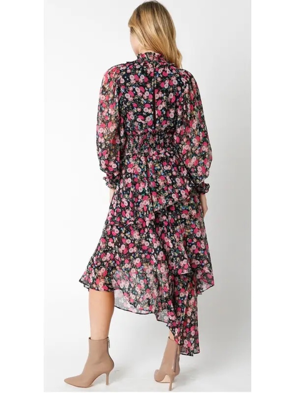 Black/Pink Floral Asymmetrical Dress - Picture 3 of 4